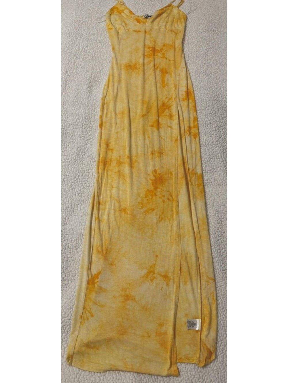 Fashion Nova Women’s Large Yellow Tie Dye Maxi Dress Spaghetti Strap Side Slit